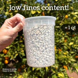 A plastic 1 quart container filled with pumice, with a thin layer of dust at the bottom. The image is captioned as low fines content, with a smaller note clarifying that the bin was shaken to settle fines to the bottom.