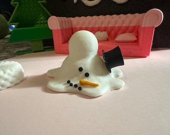 May include: A whimsical, melted snowman figurine with a black top hat, black coal eyes, and a carrot nose. The snowman is white and appears to be melting. Decorative items, including a pink couch and a green tree, are in the background.