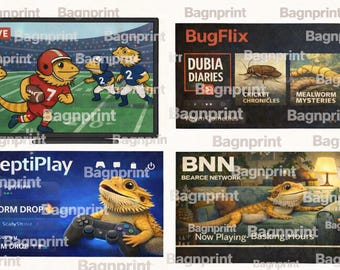 May include: A collage of four images featuring cartoon lizards. One shows a football game, another advertises "BugFlix" with insect-themed shows, a third depicts a lizard playing a video game, and the last shows a lizard relaxing on a couch.