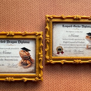 May include: Two framed diplomas, one for a Bearded Dragon and the other for a Leopard Gecko. Each features a reptile wearing a graduation cap. The diplomas are in ornate gold frames, set against a textured orange background.