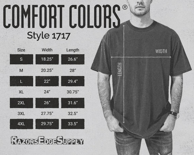 Peut inclure: Un t-shirt Comfort Colors gris fonc&eacute;, style 1717, avec un tableau des tailles indiquant les mesures de largeur et de longueur en pouces. Le t-shirt est port&eacute; par une personne. Le texte "RAZORS EDGE SUPPLY" est en bas.