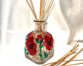 Small Bottle, Hand painted, Recycled, Bathroom Decor, Mini Vase, Diffuser Bottle, Reed Sticks and Mint Oil Included
