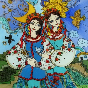 Print on Paper, Sisters or Day and Night, Ukrainian Folk Art, by Olena Diadenko