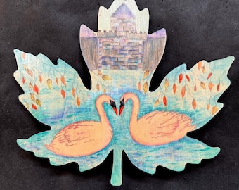 Sale, Two sides: Original Ukrainian Folk Art, Wood Painting, Swans, Flowers, Color Pencil Drawing