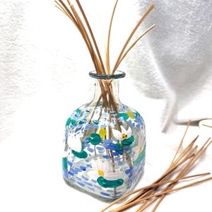 Small Bottle, Hand painted, Recycled, Bathroom Decor, Mini Vase, Diffuser Bottle, Reed Sticks and Mint Oil Included