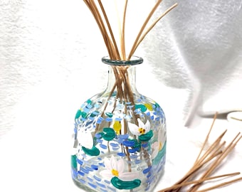 Small Bottle, Hand painted, Recycled, Bathroom Decor, Mini Vase, Diffuser Bottle, Reed Sticks and Mint Oil Included