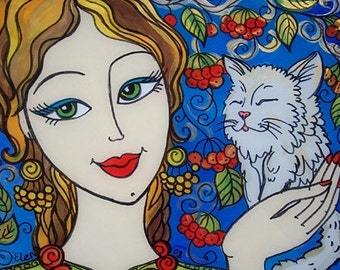 Made to order, CUSTOM ORDER, Girl with Kitten, Glass Painting