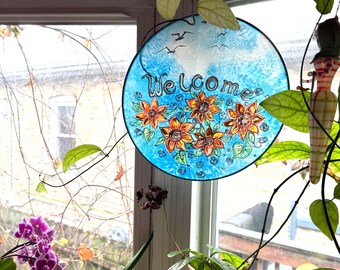 Welcome Sunflowers Batik — Hand‑Painted on Real Silk — 10" Diameter