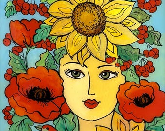 Sunflower Girl, Ukrainian Traditional Glass Paintings, Ukrainian Folk Art