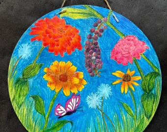 Original Ukrainian Folk Art, Wood Painting, Floral, Color Pencil Drawing