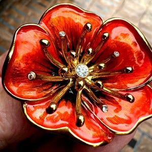Vintage, Ukrainian Style Poppy Pin, Enamel, Metal, Cubic Zirconia