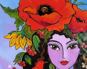 Woman with Poppies, Ukrainian Traditional Glass Paintings, Ukrainian Folk Art