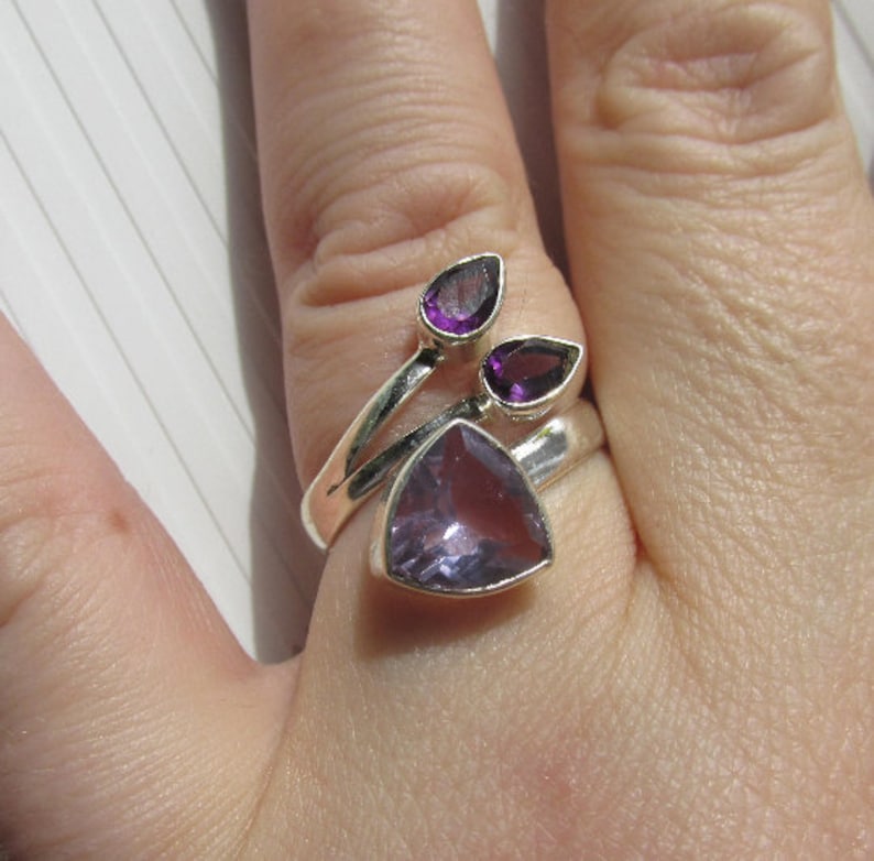 925 Silver Pink to Blue Color Change Alexandrite Adjustable Ring Size 7 12 to 8 12