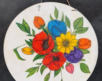 Sale, Original Ukrainian Folk Art, Wood Painting, Floral, Color Pencil Drawing