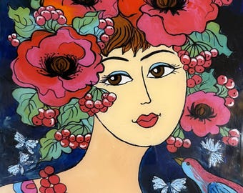 Princess of Flowers, Ukrainian Traditional Glass Paintings, Ukrainian Folk Art