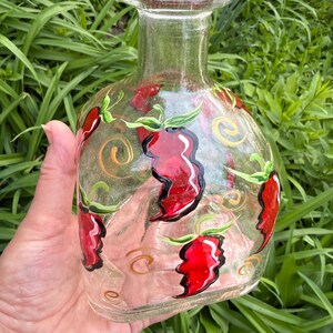 Large Chili Peppers Bottle, Hand painted, Recycled, Bathroom or Kitchen Decor, Mini Vase, Diffuser Bottle, Reed Sticks