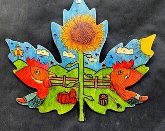 Two Sides: Original Ukrainian Folk Art, Wood Painting, Village Life, Color Pencil Drawing