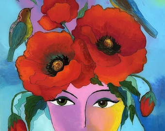 Woman with Birds, Ukrainian Traditional Glass Paintings, Ukrainian Folk Art
