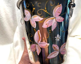 Sale, Hand Painted Wine Cooler with Pink Butterflies