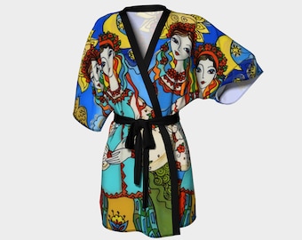 Ukrainian Girls, Short Robe, Peignoir, Design Based on Painting by Elena Diadenko