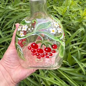 Large Kalyna Berries Bottle, Hand painted, Recycled, Bathroom or Kitchen Decor, Mini Vase, Diffuser Bottle, Reed Sticks