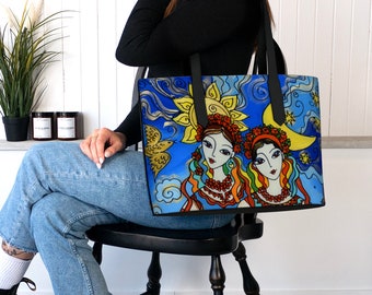 Vegan Leather Bag, Tote, Based on Glass Painting by Elena Diadenko, Day and Night