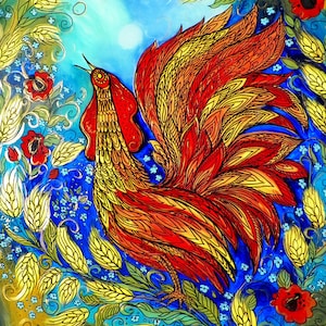 Stampa su carta, Gallo nel campo di grano, arte popolare ucraina, di Olena Diadenko