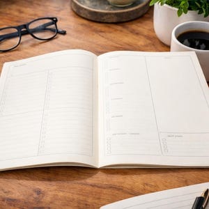 May include: A cream-coloured open planner with lined sections and checkboxes rests on a wooden surface. Black-framed glasses, a coffee mug, and a smartphone are also on the table. A small plant in a white pot is visible.