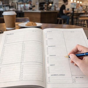 Könnte beinhalten: Ein offener Wochenplaner auf einem Holztisch, mit einem Stift in der Hand. Der Planer hat Abschnitte für jeden Tag und eine Prioritätenliste. Eine Kaffeetasse, ein Croissant und eine Brille liegen ebenfalls auf dem Tisch.