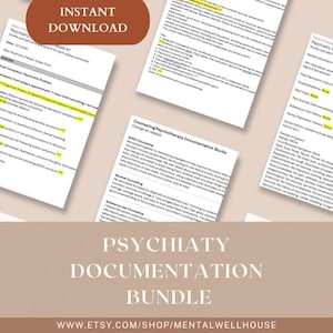 Puede incluir: Un paquete de plantillas de documentación psiquiátrica, que incluye formularios de admisión y notas de asesoramiento. Los documentos están impresos en papel blanco con texto negro. Las palabras "Descarga instantánea" y "Paquete de documentación psiquiátrica" son visibles.