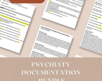 Può includere: Un pacchetto di modelli di documentazione psichiatrica, inclusi moduli di ammissione e note di consulenza. I documenti sono stampati su carta bianca con testo nero. Le parole "Download istantaneo" e "Pacchetto di documentazione psichiatrica" sono visibili.