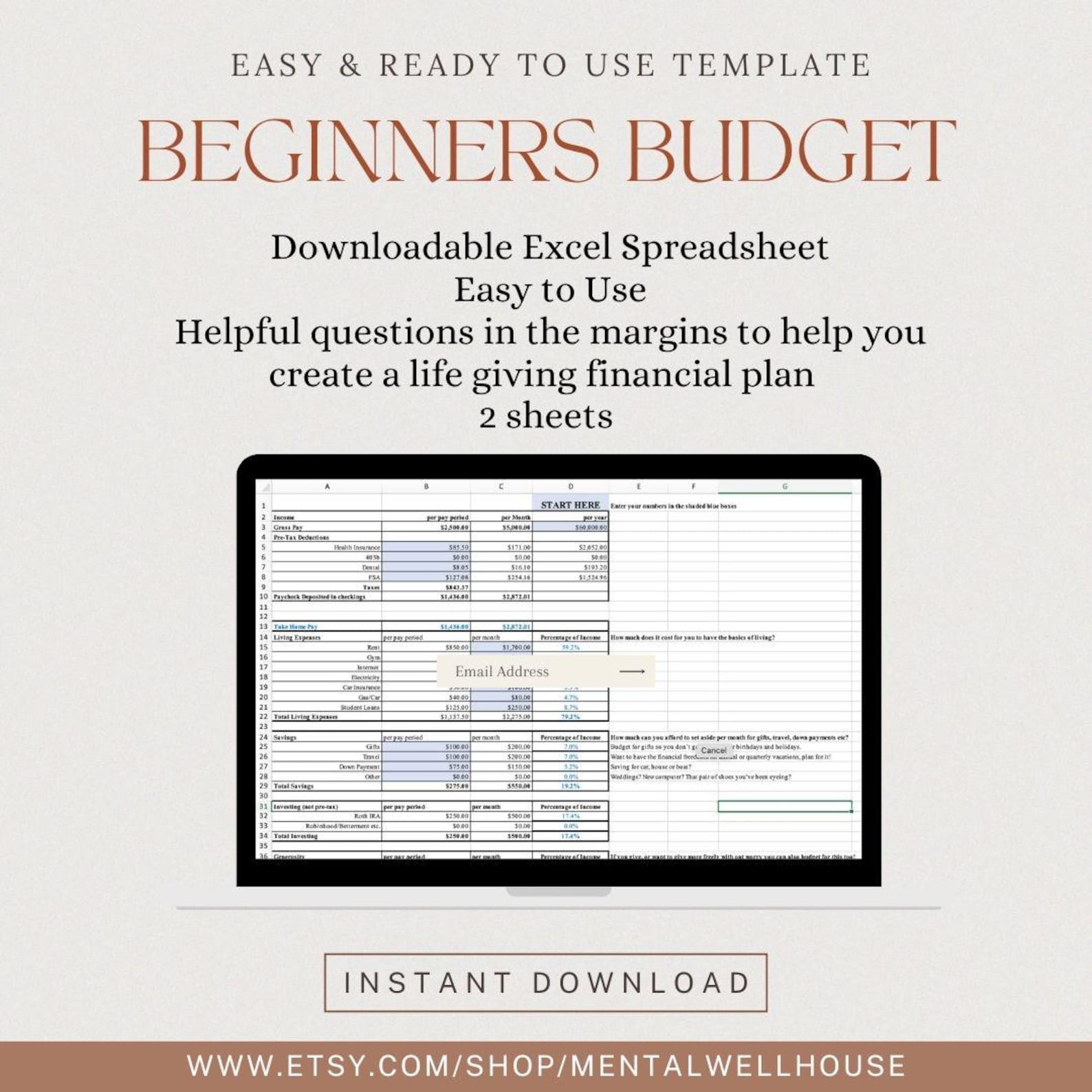 Beginner Budget Excel Template, Simple Finance Tracker (digital ...