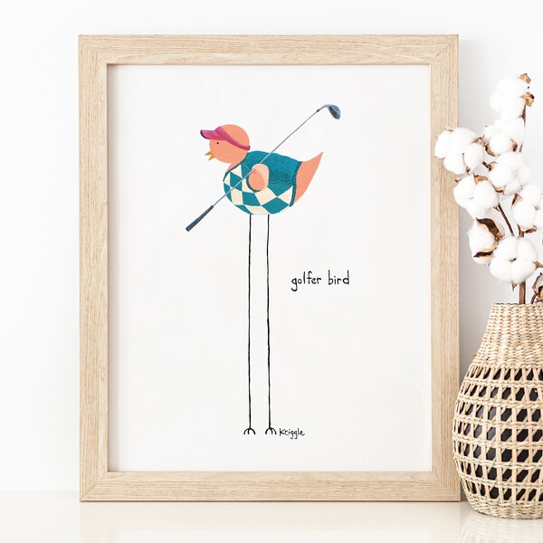 Golfer Bird: Wall art, Gift for a client, Art for your Boss, Retirement Gift, Golf Coach painting,Birthday gift for a golfer,Golf player art