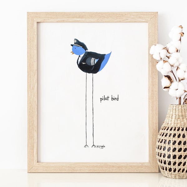 Pilot Bird Art Print | Bird Lover Gifts | Gift for Pilot | Bird Wall Art | Art for Nursery | Aviation School Graduate | Dad's Day |Mom's Day