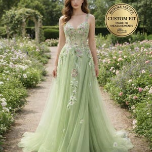 Green Prom Dress  3D Floral Applique, Custom Made Satin Evening Gown, Formal Gala Wear