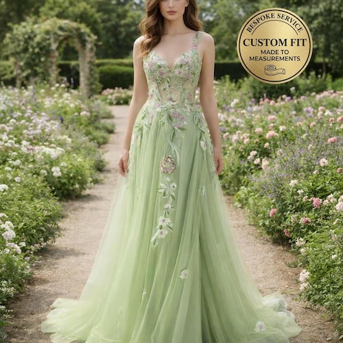 Green Prom Dress 3D Floral Applique, Custom Made Satin Evening Gown, Formal Gala Wear