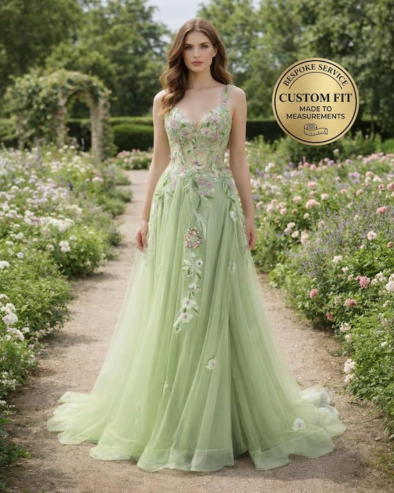 gala formal prom dresses Green Dress 3D Floral Applique, Custom Made Satin Evening Gown, Wear gala dinner dresses