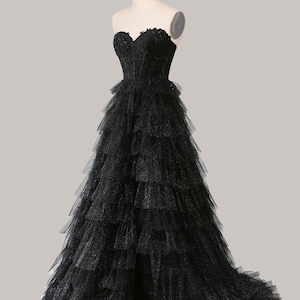 Custom sparkly black tiered corset long prom dress,  strapless party dress