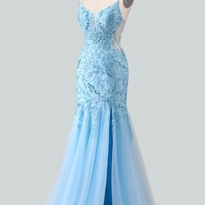 Custom blue mermaid sequin appliqued long prom dress, slit tulle party dress