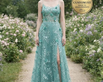 Vestido de novia verde con apliques florales 3D, vestido de novia de satén hecho a medida, ropa de boda al aire libre