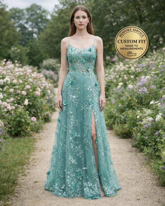 Green Wedding Dress 3D Floral Applique, Custom Made Satin Bridal Gown, Outdoor Wedding Wear Green Wedding Dress 3D Floral Applique, Custom Made Satin Bridal Gown, Outdoor Wedding Wear
