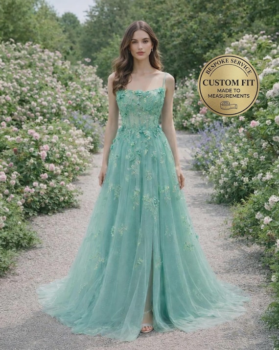 cyan formal dress Wedding 3D Floral Applique, Custom Made Satin Bridal Gown, Outdoor Wedding Wear PFID|SMW03S_A29|PFMW