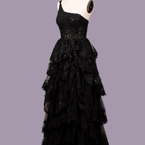 Custom lace floral embroidery prom dress, black evening gown,