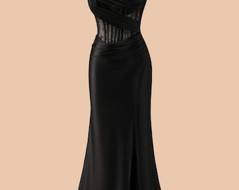 Custom lace black satin prom dress, slit party dressC