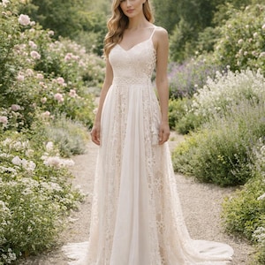 Ivory Wedding Dress 3D Floral Applique, Custom Made Satin Bridal Gown, Outdoor Wedding Wear
