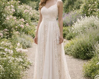 Ivory Wedding Dress 3D Floral Applique, Custom Made Satin Bridal Gown, Outdoor Wedding Wear