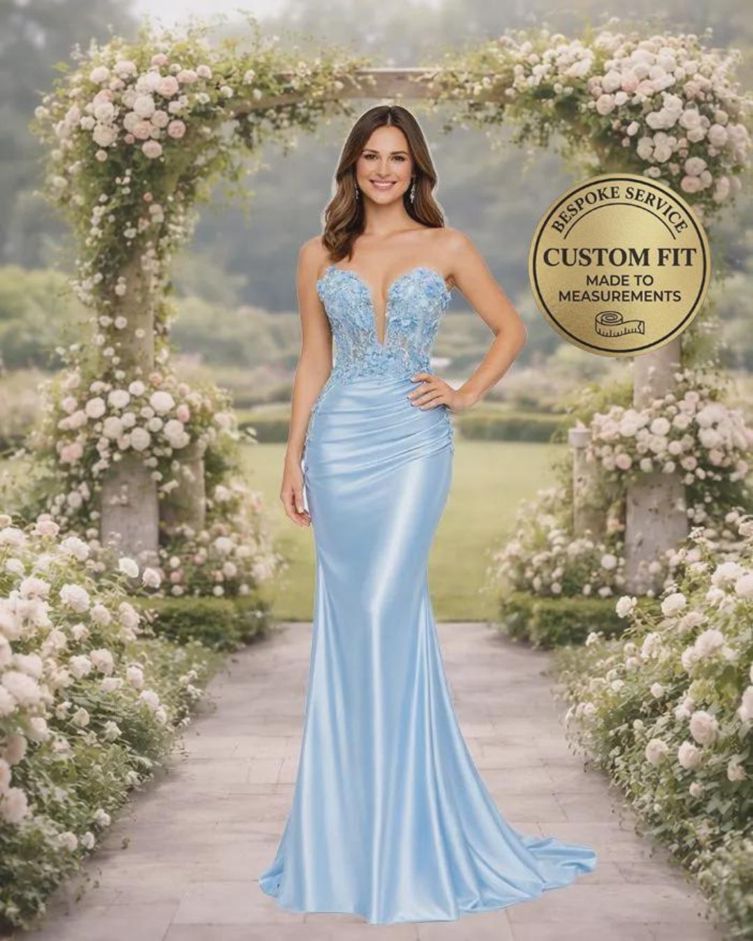 custom fit formal dresses Blue Prom Dress 3D Floral Appli, Made Satin Evening Gown, Gala Wear flutter sleeves