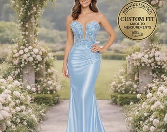 Vestido de fiesta azul con apliques florales 3D, vestido de noche de satén hecho a medida, vestido de gala formal