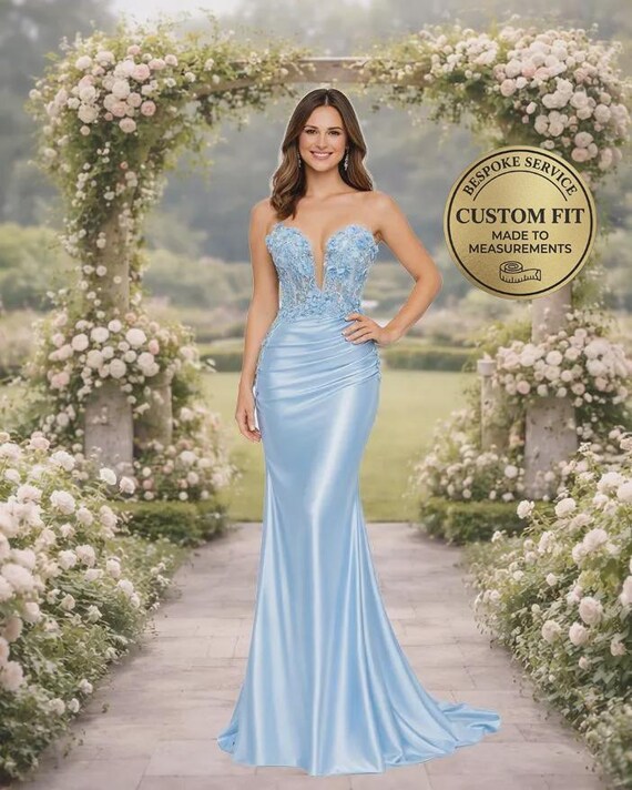formal gala dresses near me Blue Prom Dress 3D Floral Appli, Custom Made Satin Evening Gown, Wear Wedding Wear