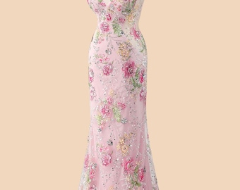 Custom floral embroidery sequin long prom dress, pink sparkly corset evening gown